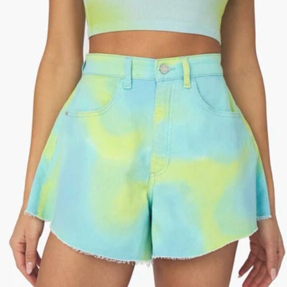 WEWOREWHAT Tie Dye Stretch Twill Denim Flare Bell Shorts Size 24 NWT/NIB - Picture 4 of 6